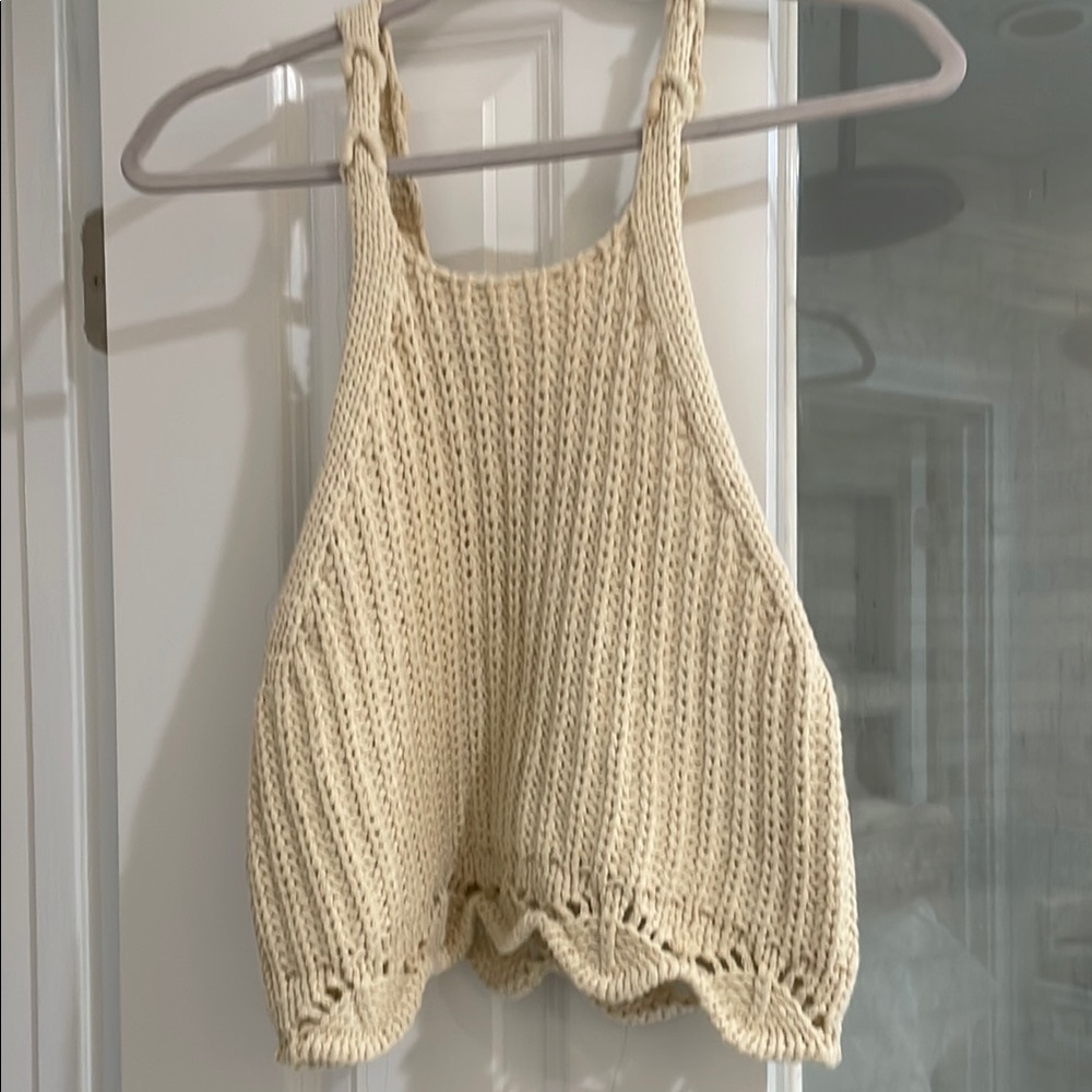 Cream Ribbed Cropped Sleeveless Tank Top